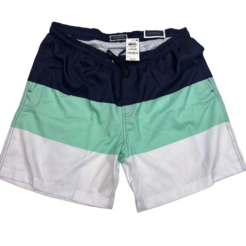 Club Room Navy/Turquoise/White Swim Trunks Sz L Quick Dry Drawstring Pockets New